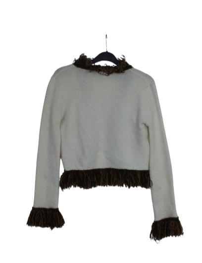 Vintage cropped λευκή ζακέτα με πλεκτά κρόσσια 