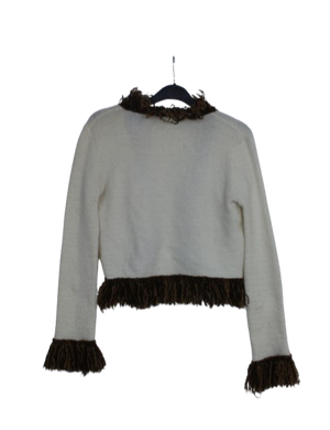 Vintage cropped λευκή ζακέτα με πλεκτά κρόσσια 